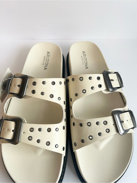 Arizona Jean Company Shoes - Arizona Jean Company Cream Slide Sandals with Gunmetal Studs & Buckles